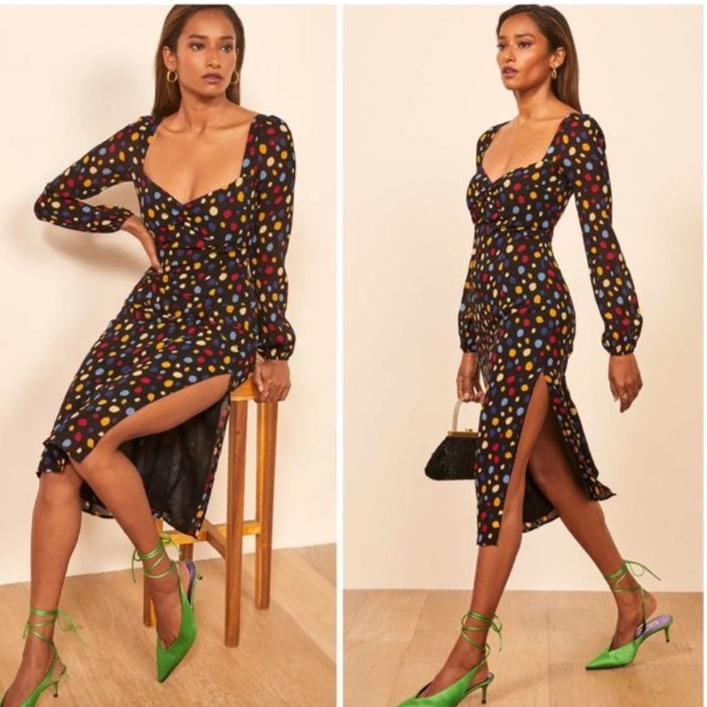 Reformation Black Polka Dot Midi Dress